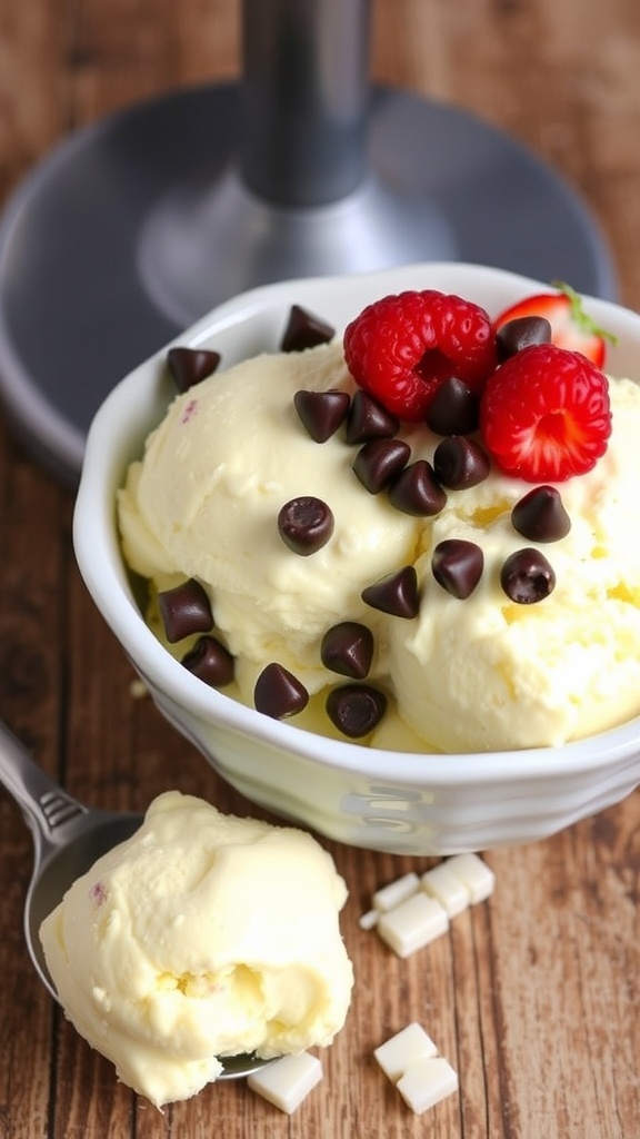 A bowl of homemade vanilla ice cream with chocolate chips and berries on a wooden table.